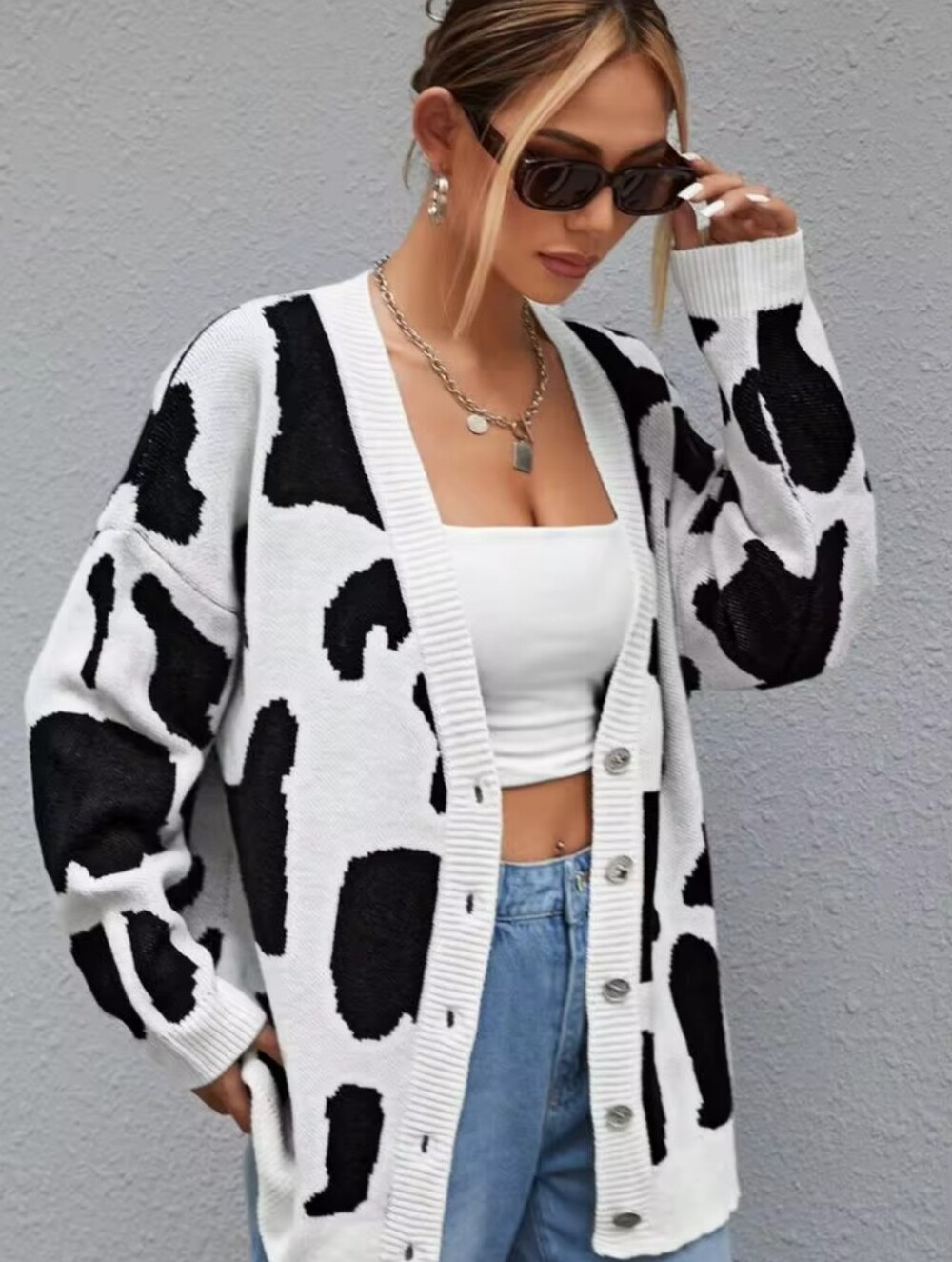 Black & White Cow-Pattern Button-Front Cardigan Sweater